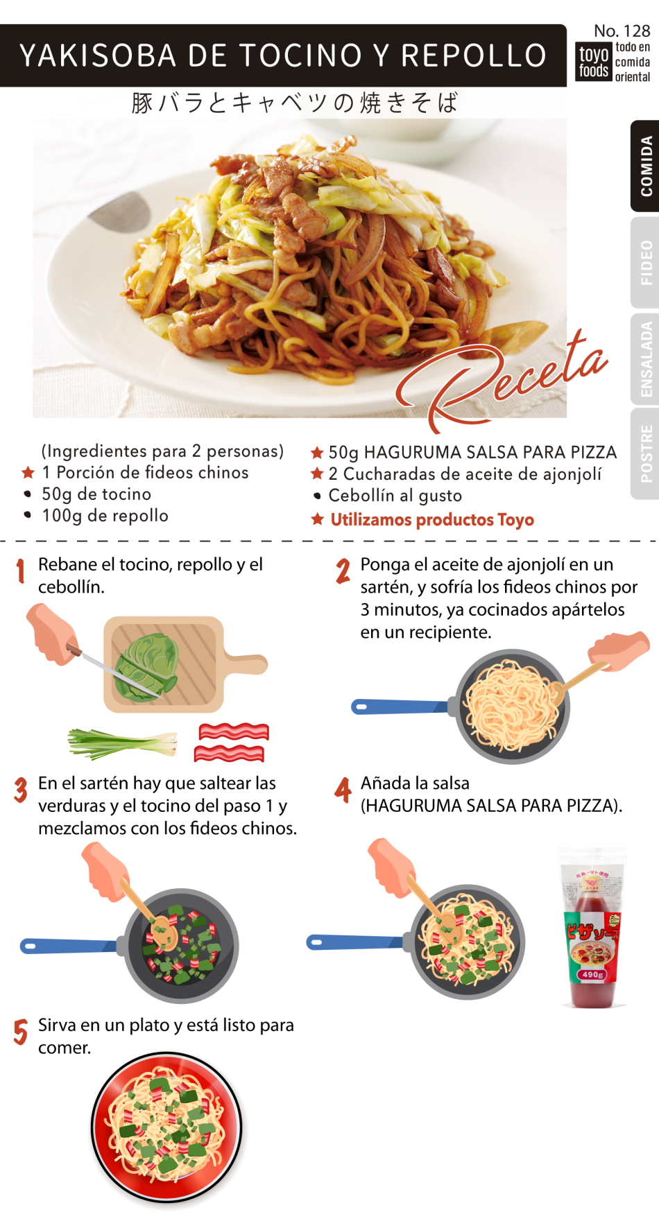 Yakisoba de tocino y repollo